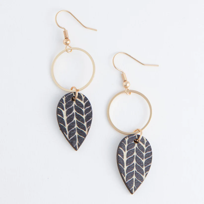 Pair of earrings with leaf-shaped charms on a white background