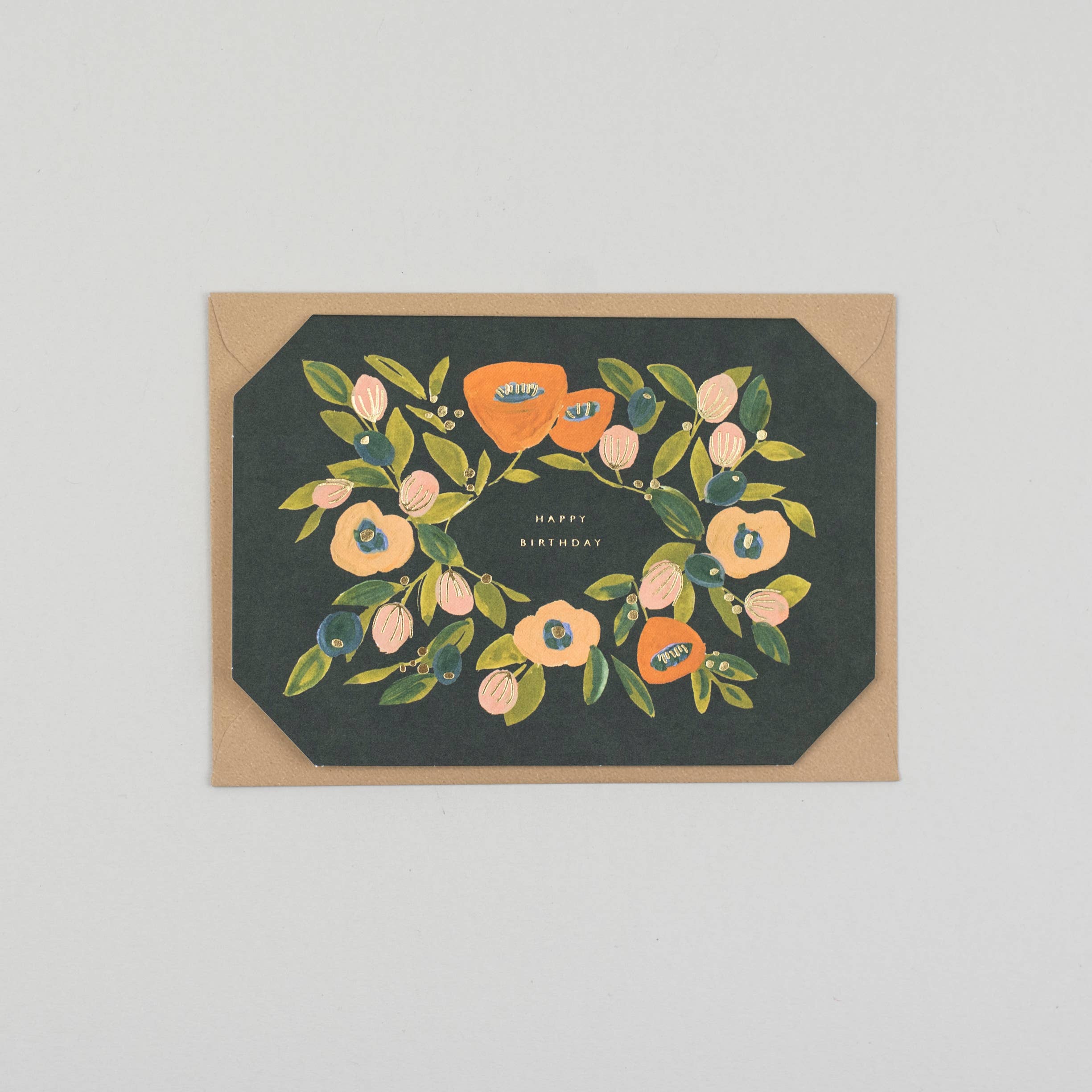 Greeting card with floral design and 'Happy Birthday' text on a plain background