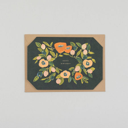 Greeting card with floral design and 'Happy Birthday' text on a plain background