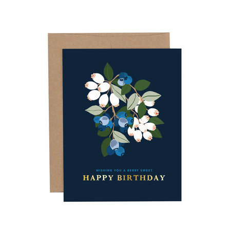 Greeting card with blueberry illustration and 'Happy Birthday' text on a dark blue background