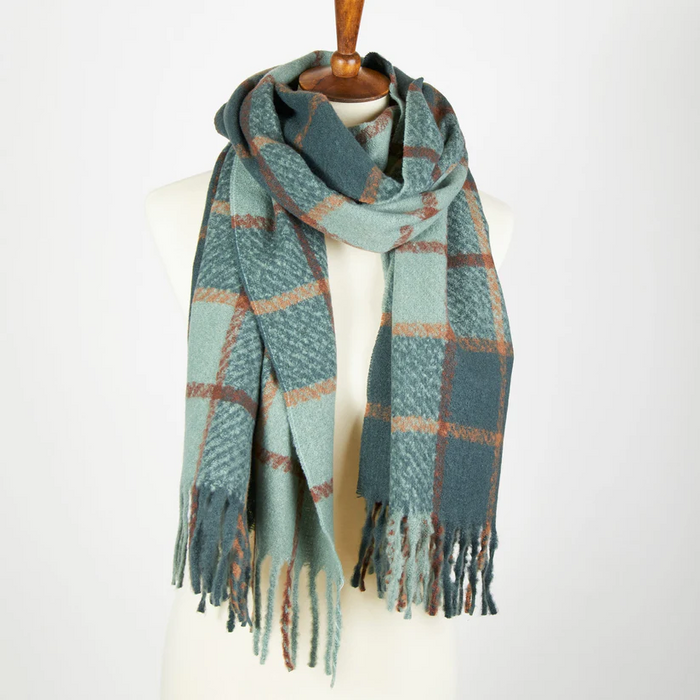 Windowpane Plaid Fringe Scarf Steel Blue