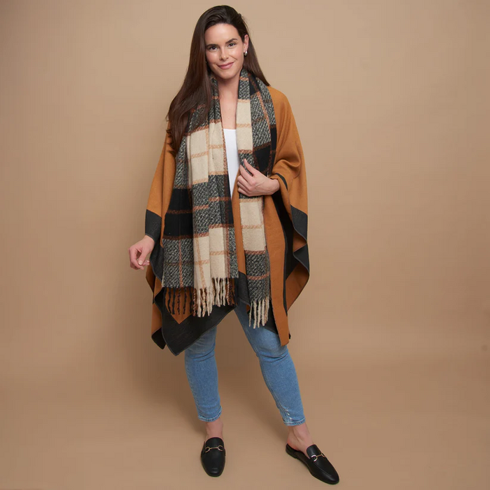 Windowpane Plaid Fringe Scarf Neutral