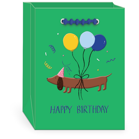 small bright green gift bag featuring a weiner with a party hat and balloon that reads "Happy Birthday"