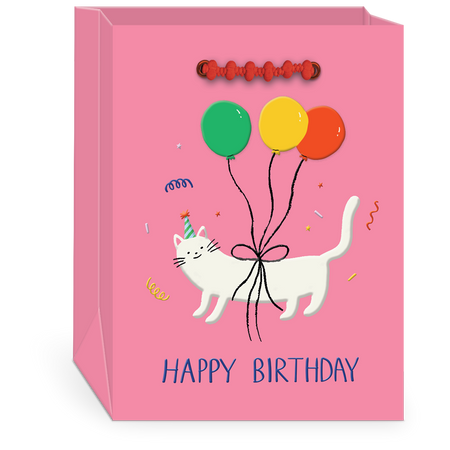 pink gift bag with white cat and balloons
