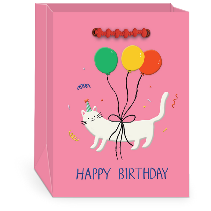 pink gift bag with white cat and balloons