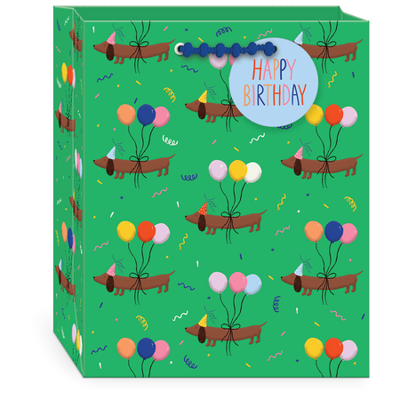Green birthday gift bag with dachshund dogs and balloons on a white background