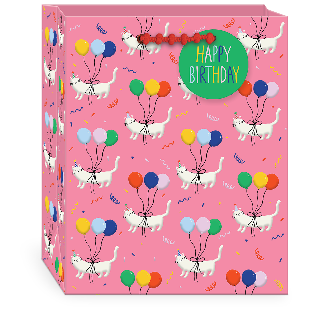 pink gift bag with cat and balloon pattern