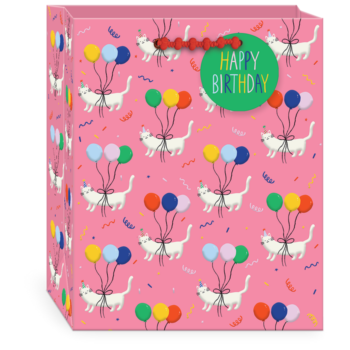 pink gift bag with cat and balloon pattern