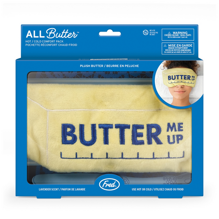 Packaged 'Butter Me Up' hot/cold comfort pack with blue and yellow design.