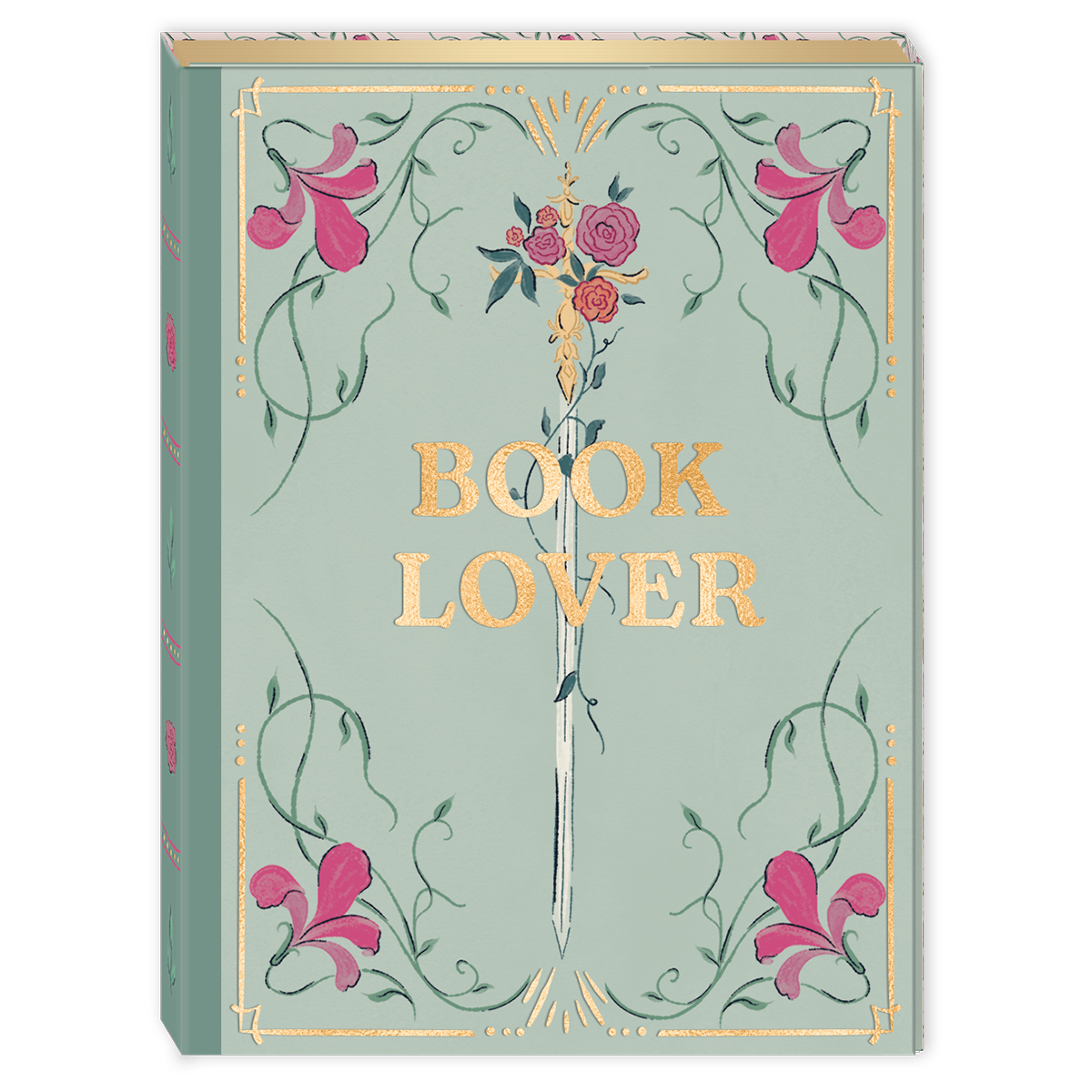 Pocket Note Pad with the words "Book Lover" in gold foil, a sword, and floral details, on a teal background.