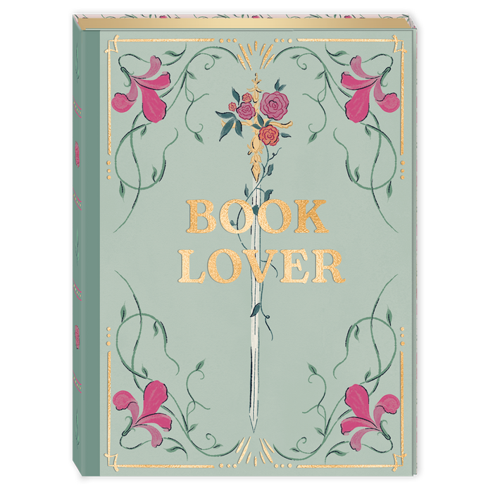 Pocket Note Pad with the words "Book Lover" in gold foil, a sword, and floral details, on a teal background.