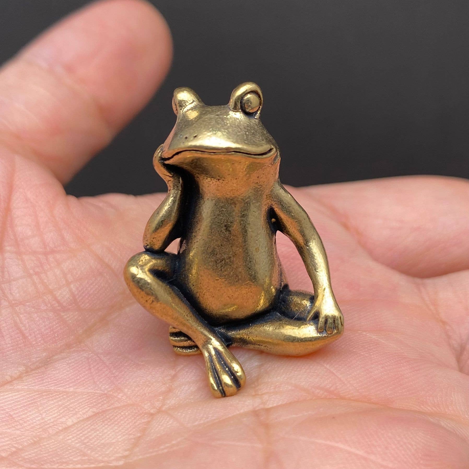 Gold frog figurine held in a hand against a dark background