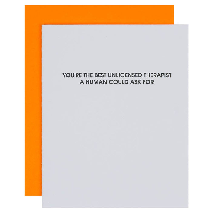 Greeting card with orange border and humorous text on white background