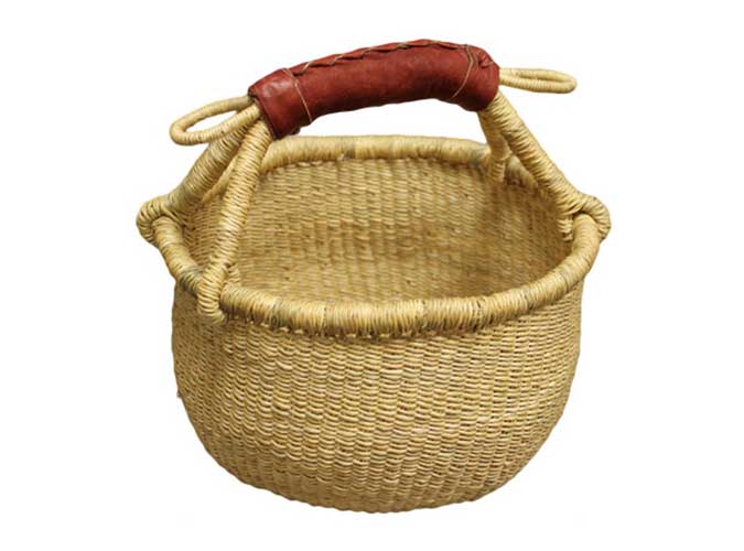 African Bolga Baskets : Nat. Mini Round w/Leather (G-149AN)