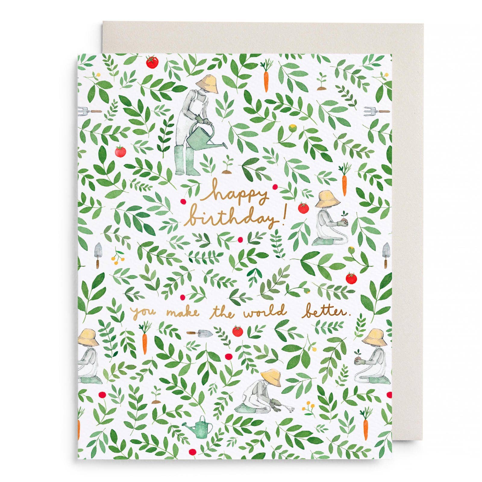 Greeting card with green leaf pattern and birthday message on a white background