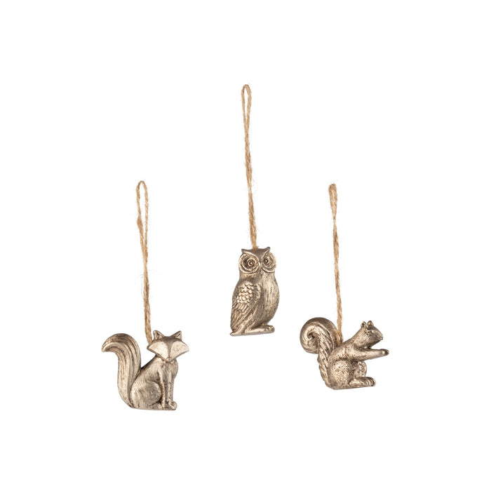 A23715:3 Asst'd resin forest animal orn, pewter, 2 in