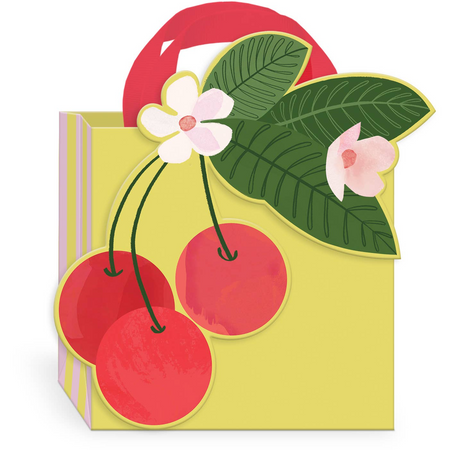 small square yellow giftbag with red handles and an illustration of bright red cherries