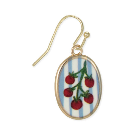 Earring with cherry tomato design on a striped background