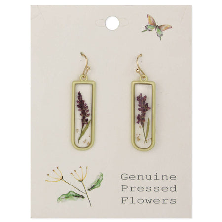Earrings with pressed flowers on a card labeled 'Genuine Pressed Flowers'.