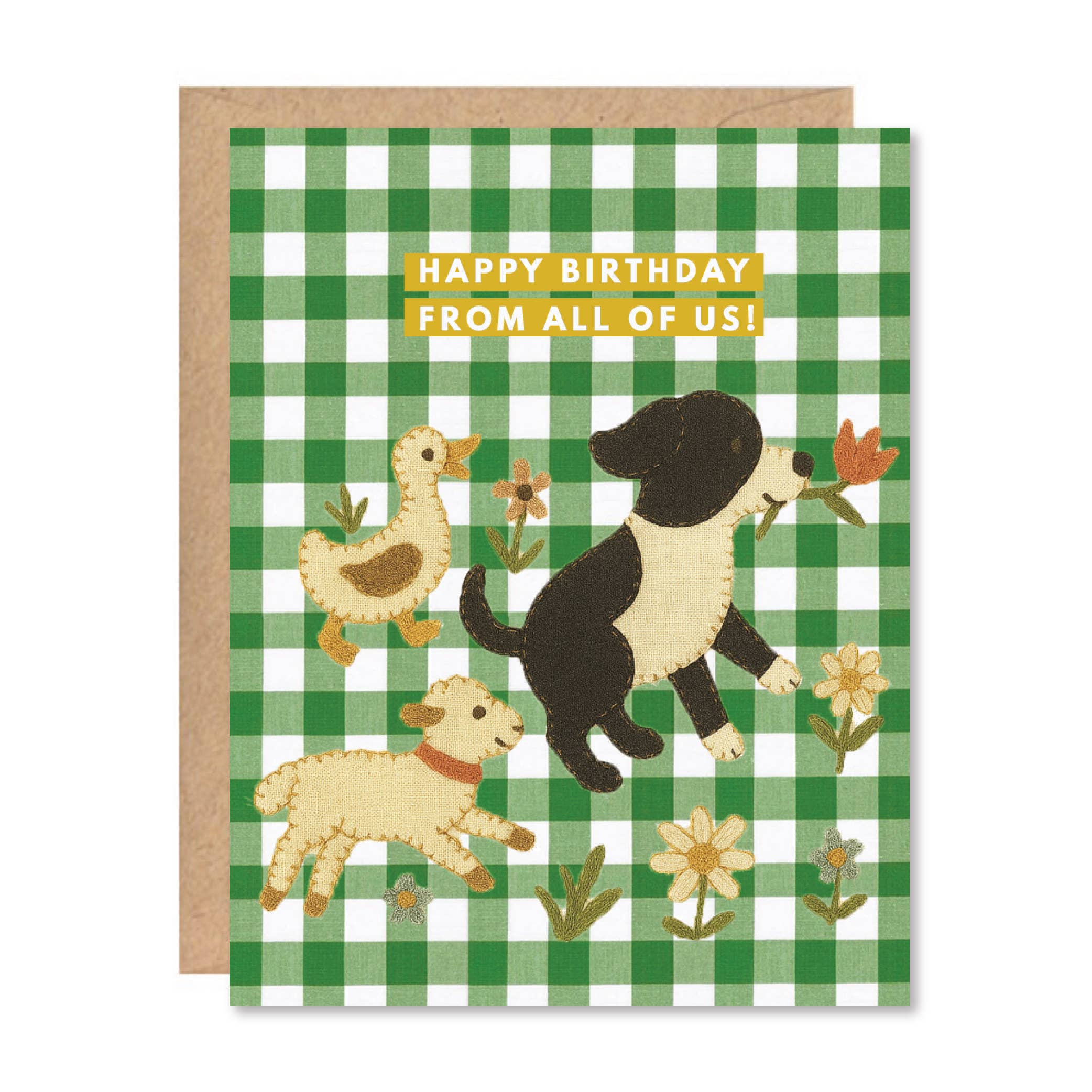 Birthday card with animals on a green checkered background