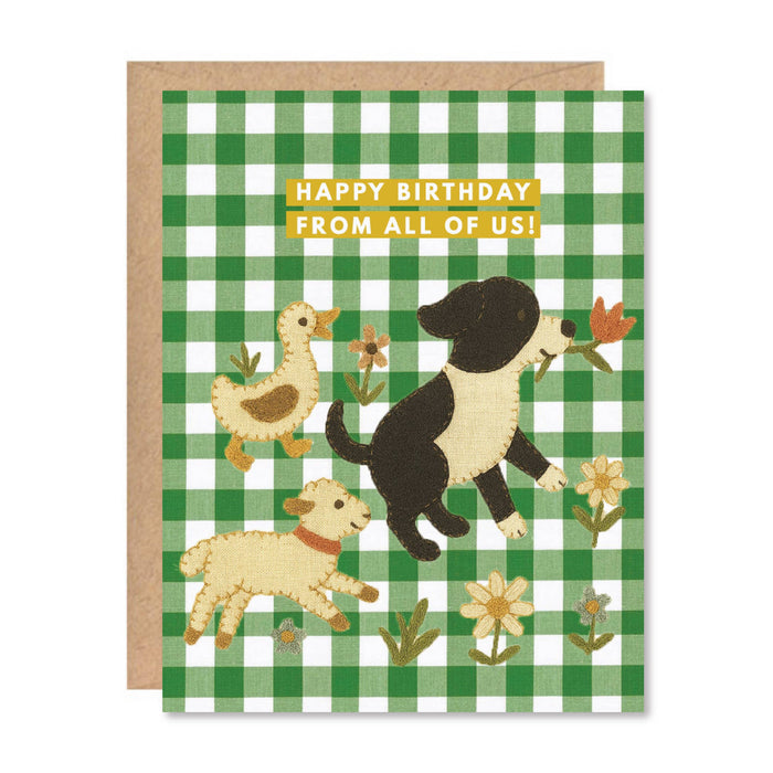 Birthday card with animals on a green checkered background