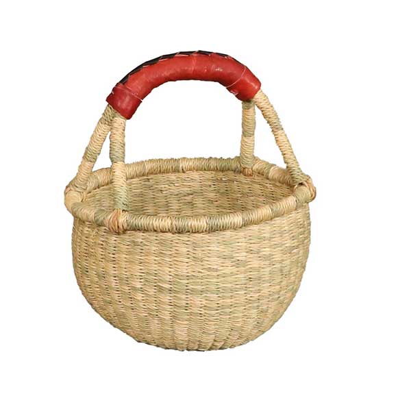 African Bolga Baskets : Nat. Mini Round w/Leather (G-149AN)