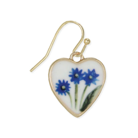 Heart-shaped earring with blue floral design on a white background