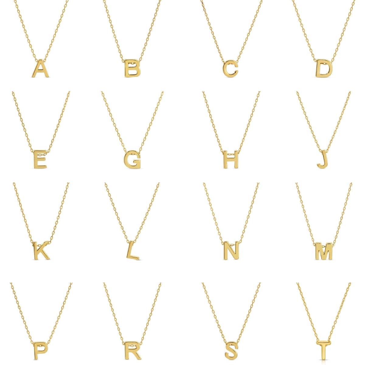 Gold necklaces with letters A to T on a white background