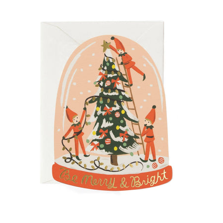 Christmas card with elves decorating a tree and 'Be Merry & Bright' text on a white background.