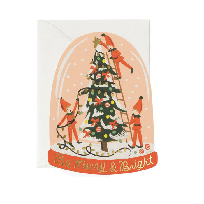 Christmas card with elves decorating a tree and 'Be Merry & Bright' text on a white background.