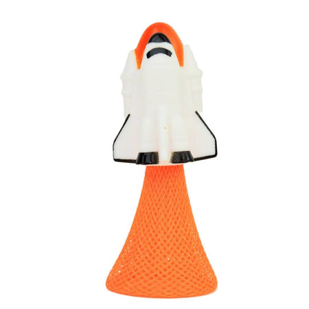 Space shuttle toy with orange nose cone on a white background