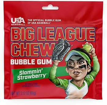Big League Chew bubble gum package with a baseball player graphic on a red background
