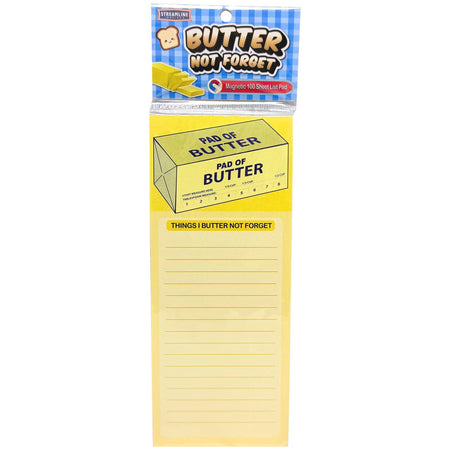 Yellow notepad with 'Butter Not Forget' text on a white background