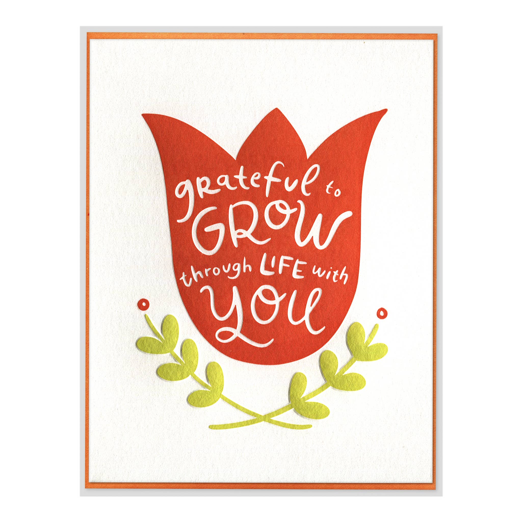 Red tulip-shaped card with text 'grateful to GROW through LIFE with YOU' on a white background