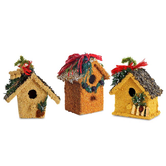 Three different holiday bird seed hosues