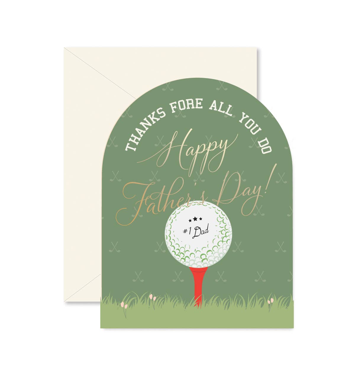 Father's Day card with golf ball and 'Thanks fore all you do, Happy Father's Day!' text on a green background.