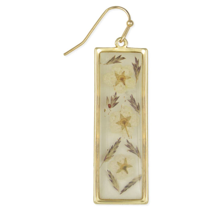 Prairie Florals White Dried Flower Gold Bar Earrings
