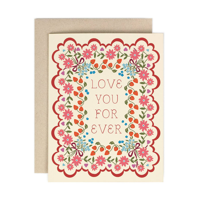 Greeting card with floral design and 'Love You For Ever' text, featuring a kraft envelope.