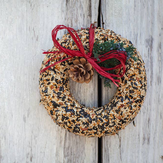 Bird seed wreath with red ribbon and a pinecone on a wooden background