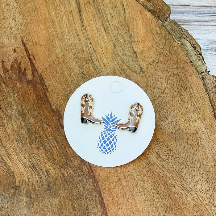 Western Enamel Stud Earrings - Brown Boot