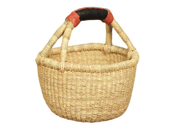 African Bolga Baskets : Nat. Mini Round w/Leather (G-149AN)