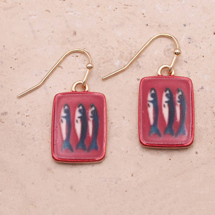 Tin of Sardines Fish Print Red Gold Earrings