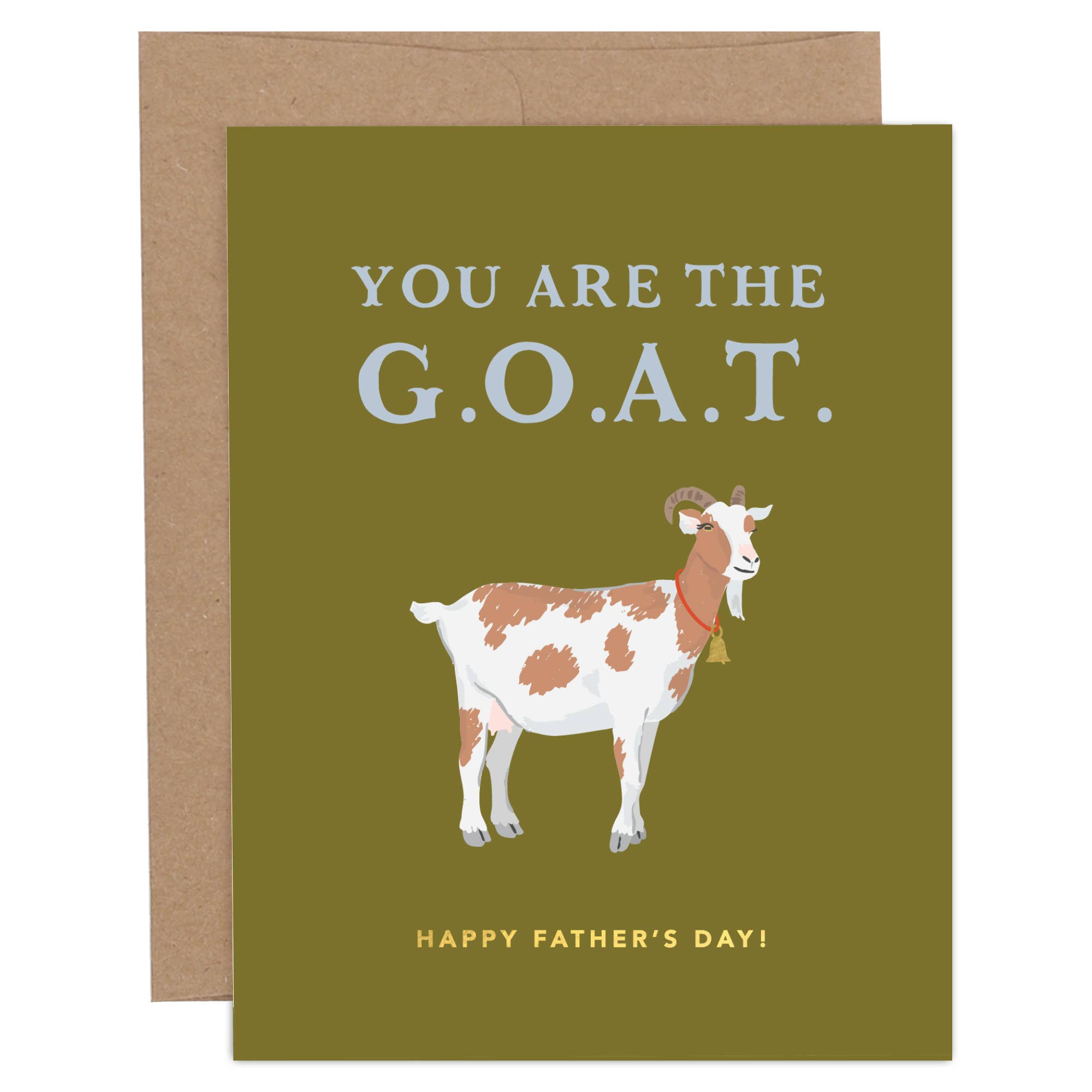 Father's Day card with a goat illustration and text on a green background