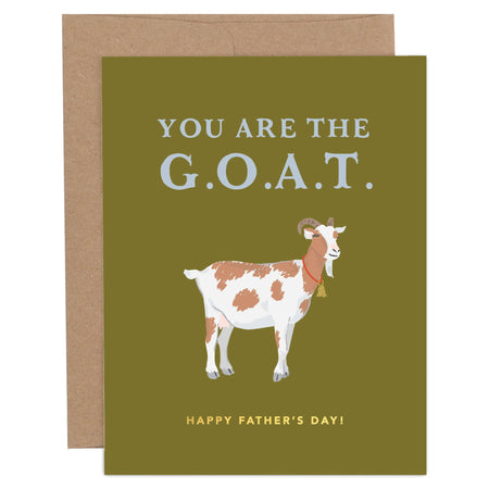 Father's Day card with a goat illustration and text on a green background