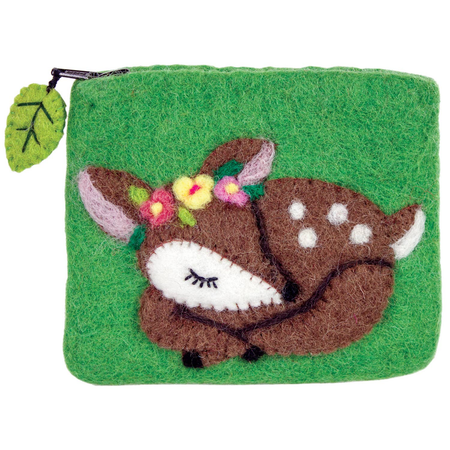 Green pouch with a deer design on a white background