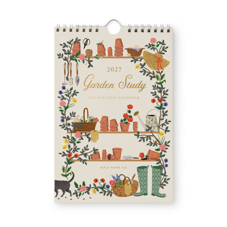 2023 Garden Study calendar with garden-themed illustrations on a white background