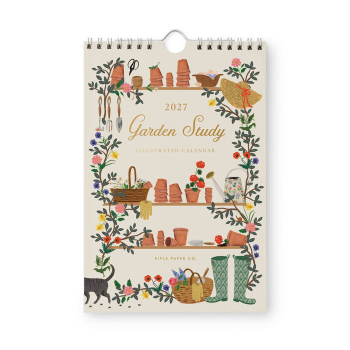 2023 Garden Study calendar with garden-themed illustrations on a white background