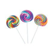 Three colorful swirl lollipop erasers on white sticks against a white background