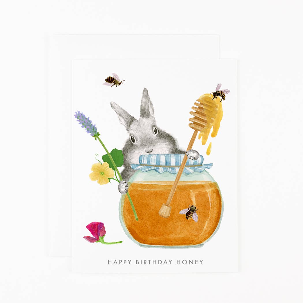 Illustration of a rabbit in a honey jar with flowers and bees, featuring 'Happy Birthday Honey' text.