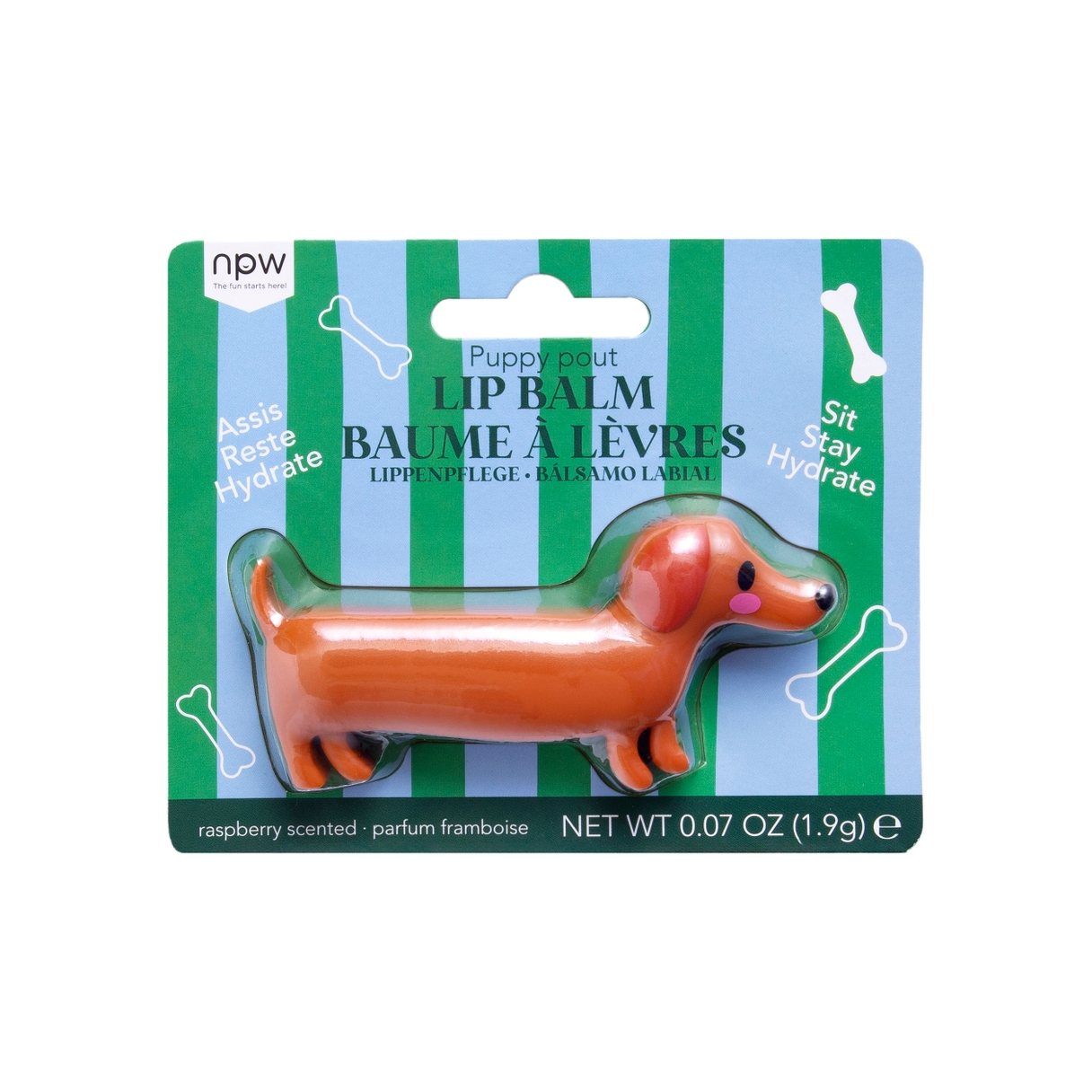 dachshund lip balm in striped packaging 